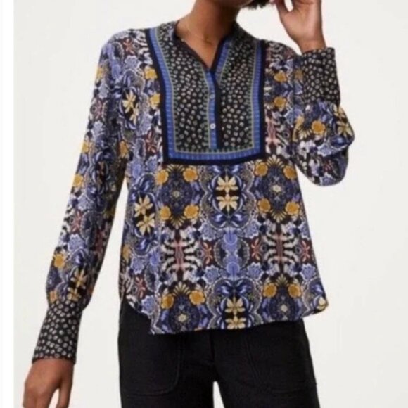 LOFT Tunic Blouse Size Small Blue Boho Floral Print Womens Top - Picture 2 of 8